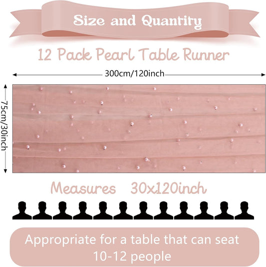 12 Pack 10FT Pearl Table Runner 30x120 Inch Dusty Pink Tulle Fabric Boho Rustic Sheer Table Runners Lace Table Cloth for Wedding Bridal Shower Birthday Party Arch Veil Dessert Table Decor (Dusty Pink)