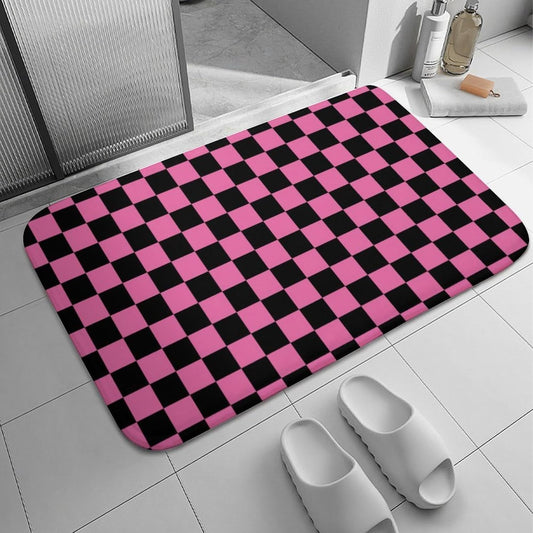 Checkered Black and Pink Bath Mat Rug 30x20, Ultra Soft Bathroom Rug, Non Slip and Absorbent Bath Rug Carpet for Bathroom Floor, Tub and Shower