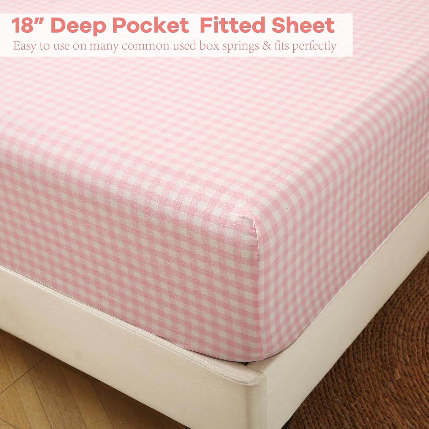 Peach Blush White Plaid Ruffle Gingham Sheets Full Size 4-Piece Set, 300TC 100% Yarn Dyed Cotton Sheets 18 in Deep Pocket Kids Preppy Decorative Bedding (Blush/White Plaid, Full)