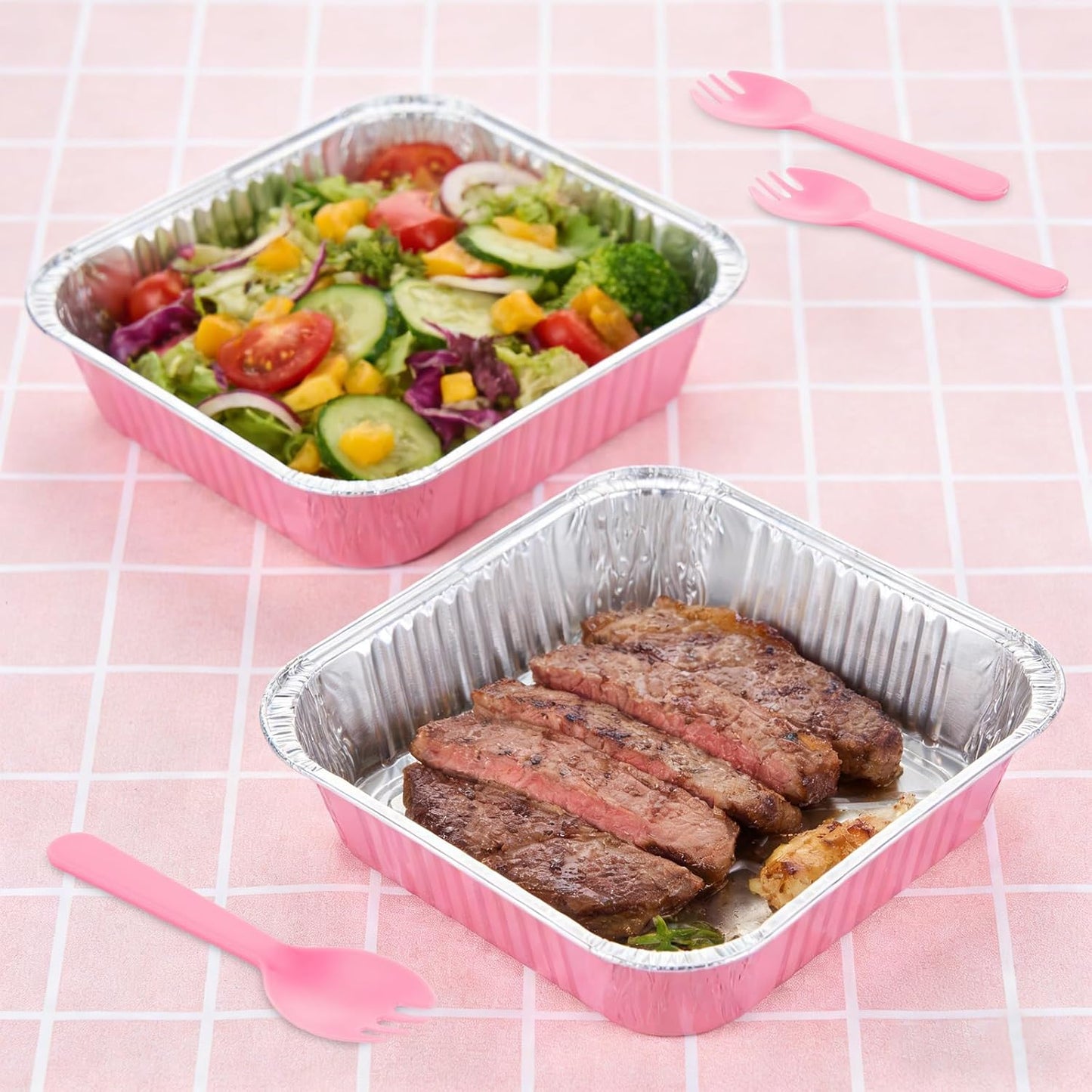 SHUESS 35 Pcs Aluminum Pans, 8x8 Inch Aluminum Pans with Lids, Mini Cake Pans Set, Small Square Pink Foil Baking Pans with Lids, Spoons and Stickers for Oven, Air Fryer, Cake, Vegetables, Brownie
