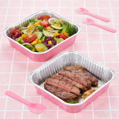 SHUESS 35 Pcs Aluminum Pans, 8x8 Inch Aluminum Pans with Lids, Mini Cake Pans Set, Small Square Pink Foil Baking Pans with Lids, Spoons and Stickers for Oven, Air Fryer, Cake, Vegetables, Brownie