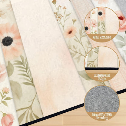 10x14 Area Rugs for Bedroom Boho Washable Rug for Living Room Soft Pastel Floral Pink Peach Flowers Light Extra Large Soft Rubber Backed Non-Slip Carpets for Office Dining Room