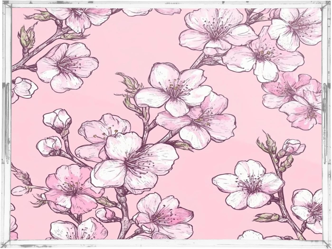 Peach Flowers Acrylic Serving Tray with Handles,Clear Serving Tray Decorative Organiser for Ottoman, Kitchen, Bedroom Decorative 12x16 Inches