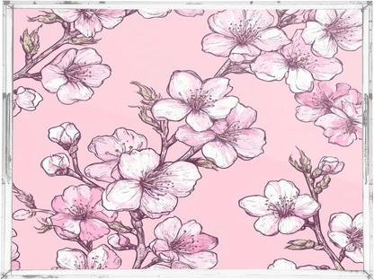 Peach Flowers Acrylic Serving Tray with Handles,Clear Serving Tray Decorative Organiser for Ottoman, Kitchen, Bedroom Decorative 12x16 Inches
