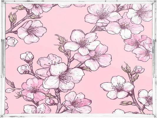 Peach Flowers Acrylic Serving Tray with Handles,Clear Serving Tray Decorative Organiser for Ottoman, Kitchen, Bedroom Decorative 12x16 Inches