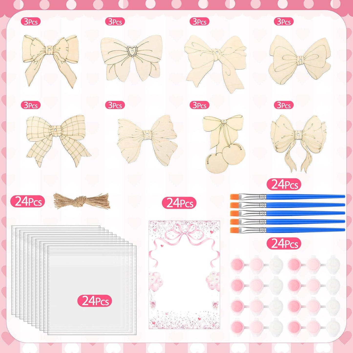 Saypacck 24 Pcs Pink Bow Party Favors Wooden Painting Craft Kits Birthday Party Supplies with Organza Bag for Goodie Bags Fillers Adult Thank You Gifts