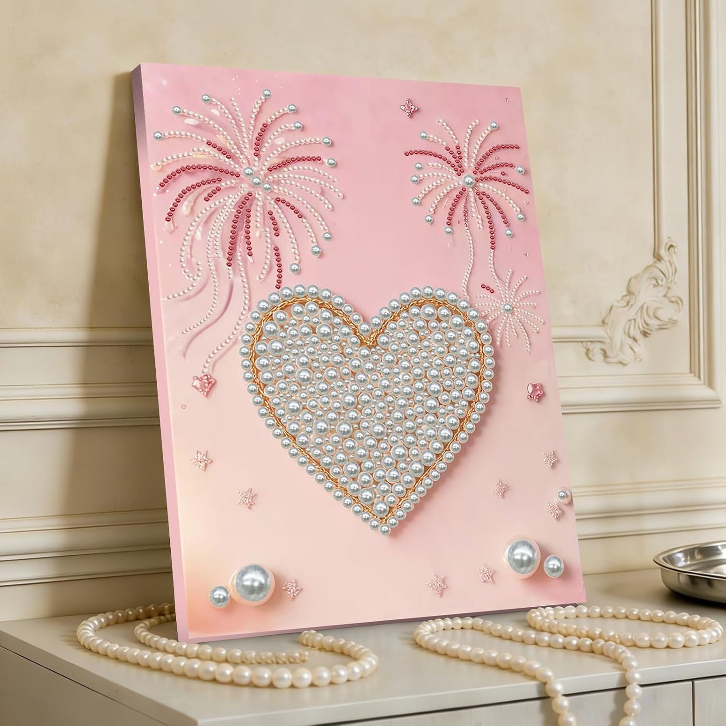 Pink Heart Pearl Art Painting with Frame, 30x40cm Textured Handmade DIY Gem Art Kit, Complete Home Wall Decor Set for Beginners, Living Room & Creative Gift for Adults