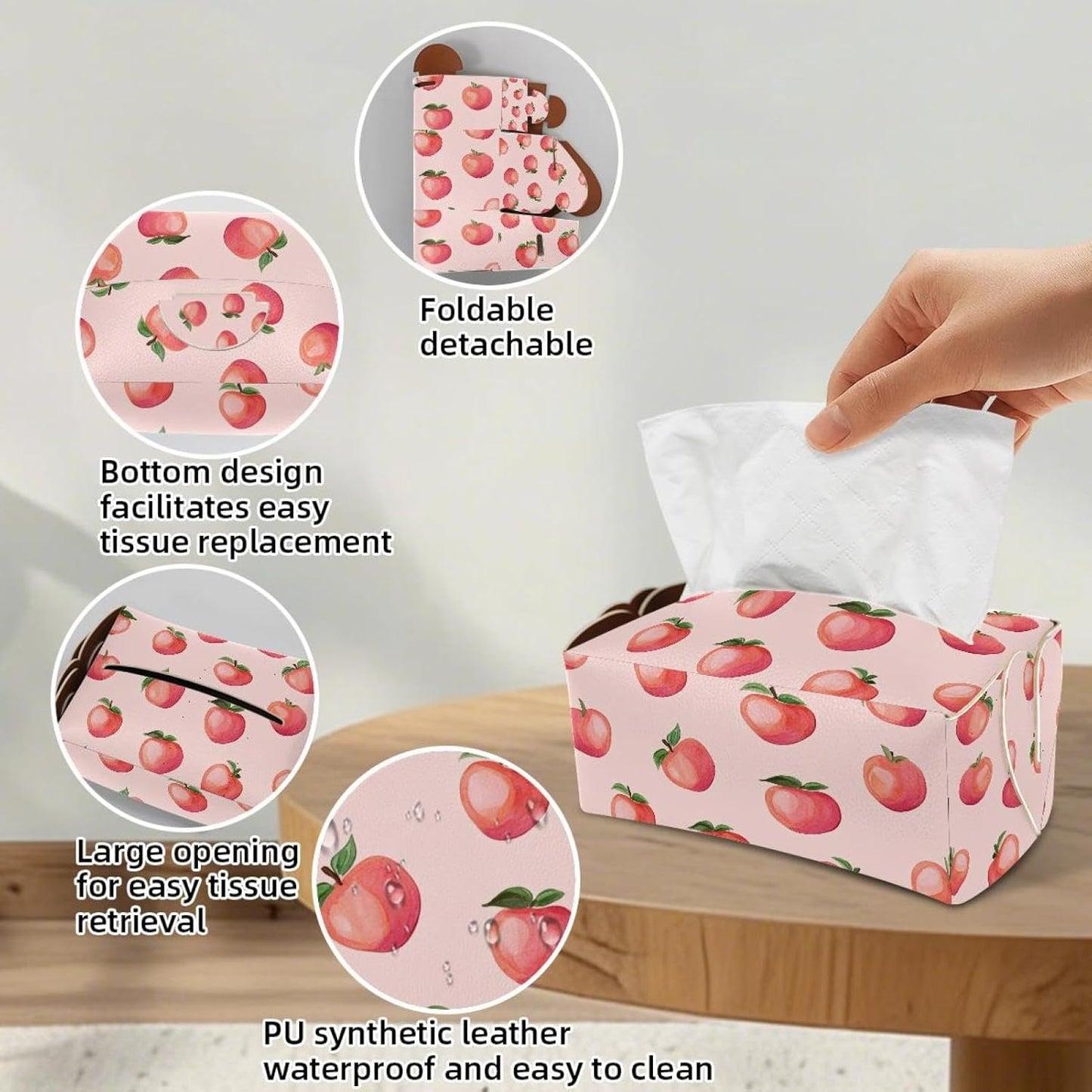 Pink Peach Tissue Box Cover Rectangle, PU Leather Tissue Box Holder for Bathroom NightStands Livingroom, Decorative Tissue Holder