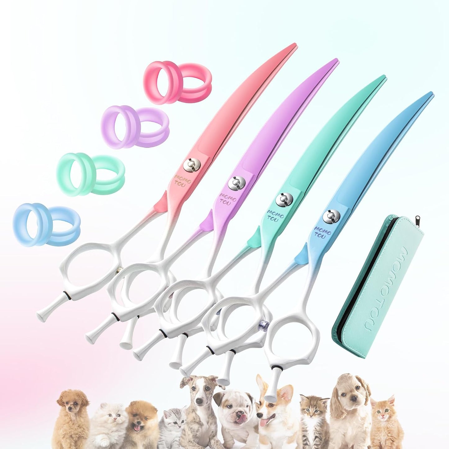 7'' Curved Dog Grooming Scissors Pink to White Gradient | 440C Stainless Steel, Sharp Durable, Professional or Home Use,Ergonomic Handle with 2 Silicone Finger Rings
