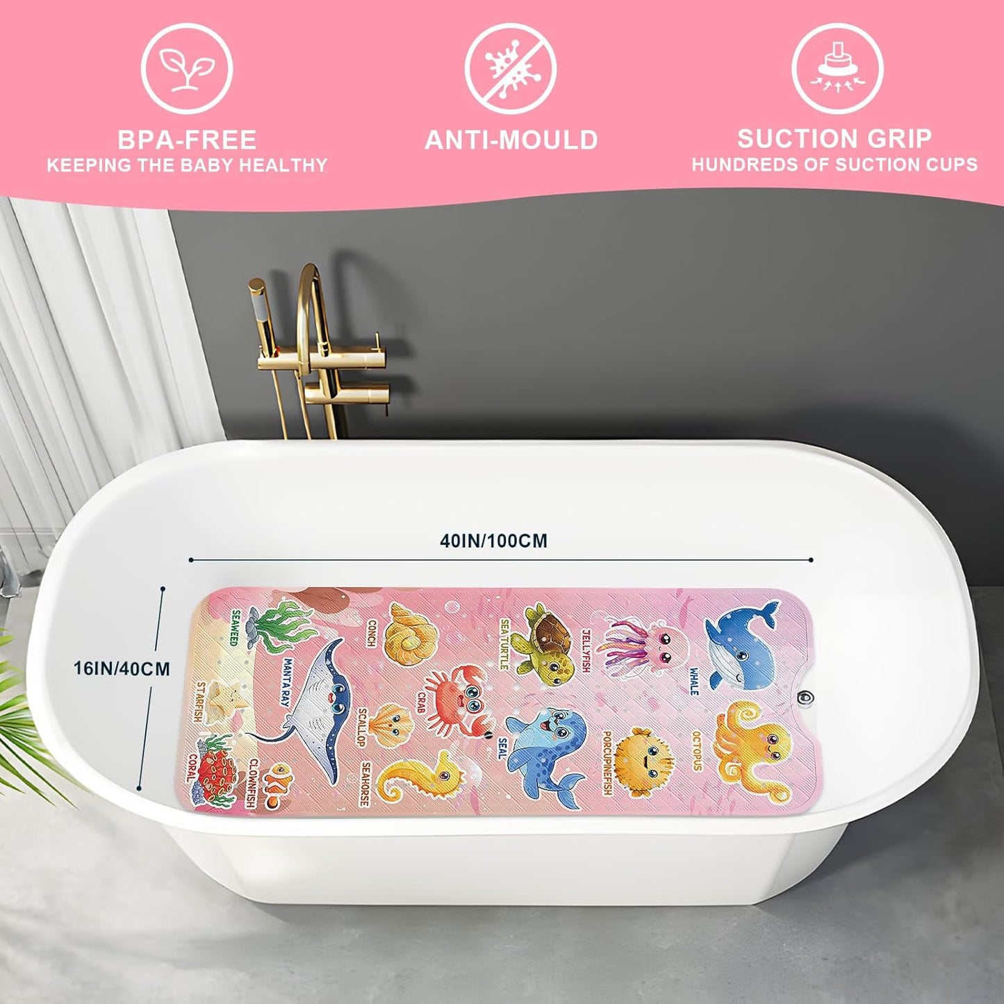 XIYUNTE Baby Bath Mat for Tub Non Slip Kids Bath Mat - 40"x16" Extra Long Bathtub Mat Non Slip Kids, Eco-Friendly Toddler Bath Mats with Suction Cups for Secure Grip, Easy to Clean & Easy Drying