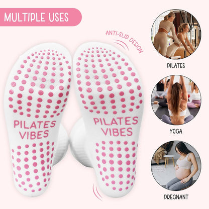 Cute Pilates Socks, Pink Crew Grippy Socks for Studio Reformer Workout Style