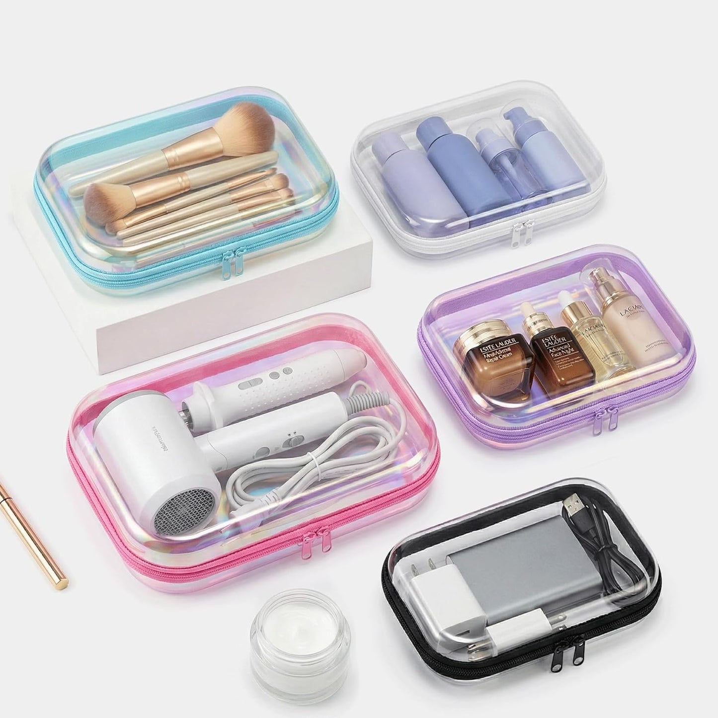 Clear Hard Shell Zipper Case,Makeup Bag,Iridescent Toiletry Bag,2pcs Large Capacity Water-resistant Toiletries Bag,Portable Travel Organizer and Storage,Bathroom Clear Cosmetic Case for Women