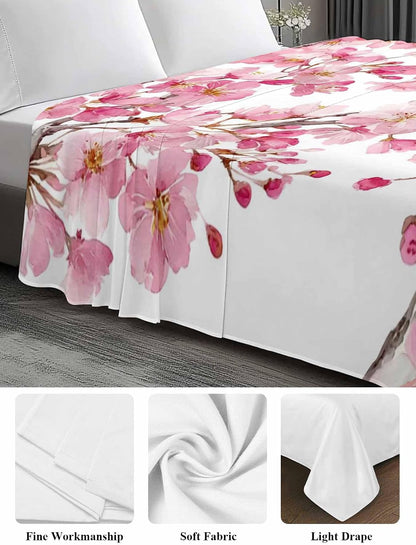 Spring Peach Flowers Full Size Sheets - Hotel Quality Full Flat Sheet Only 1 Pack, Pink Botanical Floral Leaves Branch Soft Bed Sheet Brushed Microfiber Bedding Top Sheets for Home Dorm