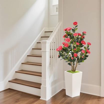 Romantic Season 4FT Artificial Camellia Tree with White Tall Planter, Pink Faux Camellia Plant Flower Tree for Modern Home Office Living Room Floor Décor Outdoor Indoor，Pink
