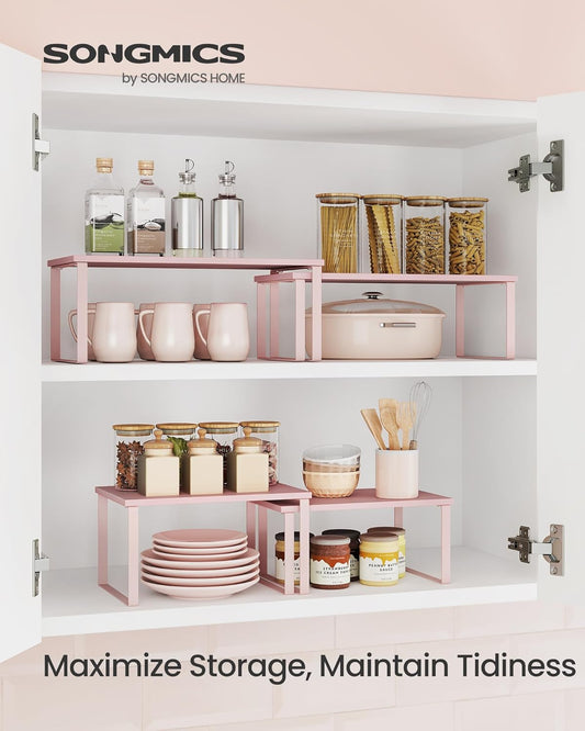 SONGMICS Cabinet Organizer Shelf, Set of 2 Kitchen Counter Shelves, Kitchen Storage, Spice Rack, Stackable, Expandable, Metal and Engineered Wood, 11.7 Inches, Jelly Pink UKCS020S01