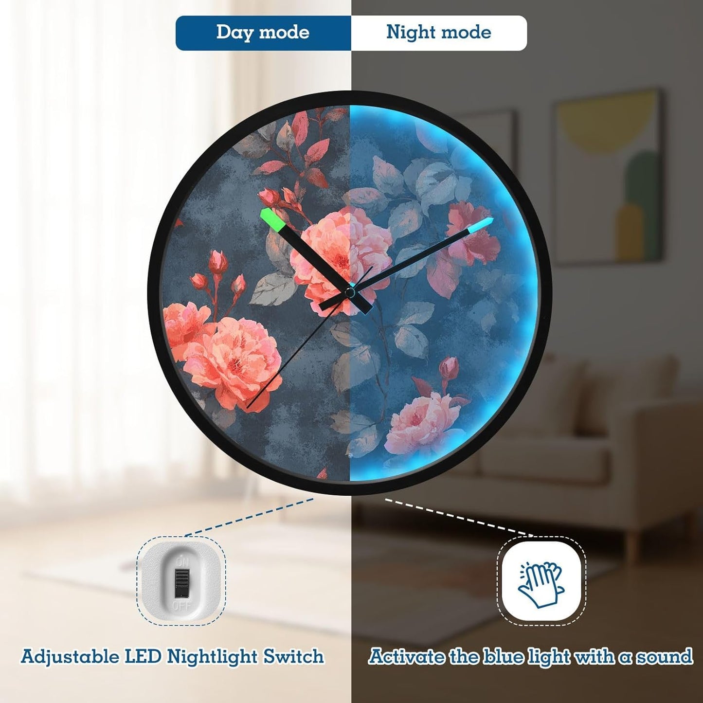 Night Light Wall Clock, Silent Non Ticking Analog Clock with LED Glow, High Transparent Acrylic Round Coral Pink Roses Wall Clocks, Battery Operated (Batteries Not Included)