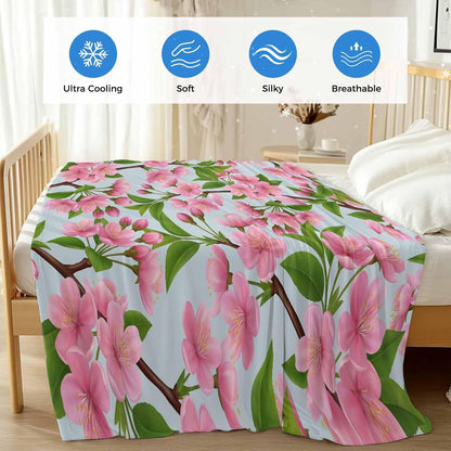 Cooling Blanket for Hot Sleepers, Pink Peach Flowers Lightweight Breathable Summer Blanket, Spring Botanical Watercolor Floral Blue Double-Side Cool Throw Blankets for Sleeping Travel, 30"x40"