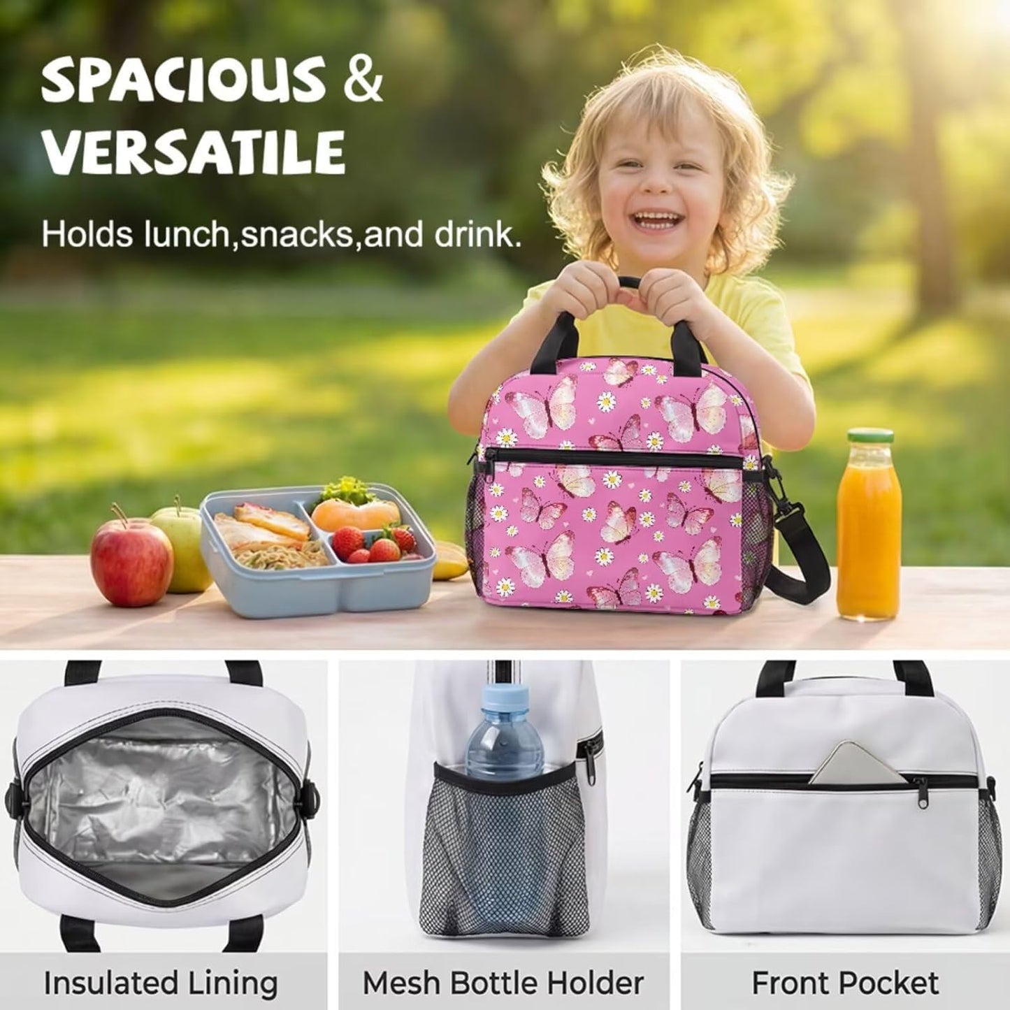 COEQINE Customized Backpack for Kids Girls School with Lunch Box Preschool Butterfly Pink Floral Girls Bookbag Ages 4-6-8-10 Kindergarten with Water Bottle Side Pocket Diaper Bag Backpack,13 In