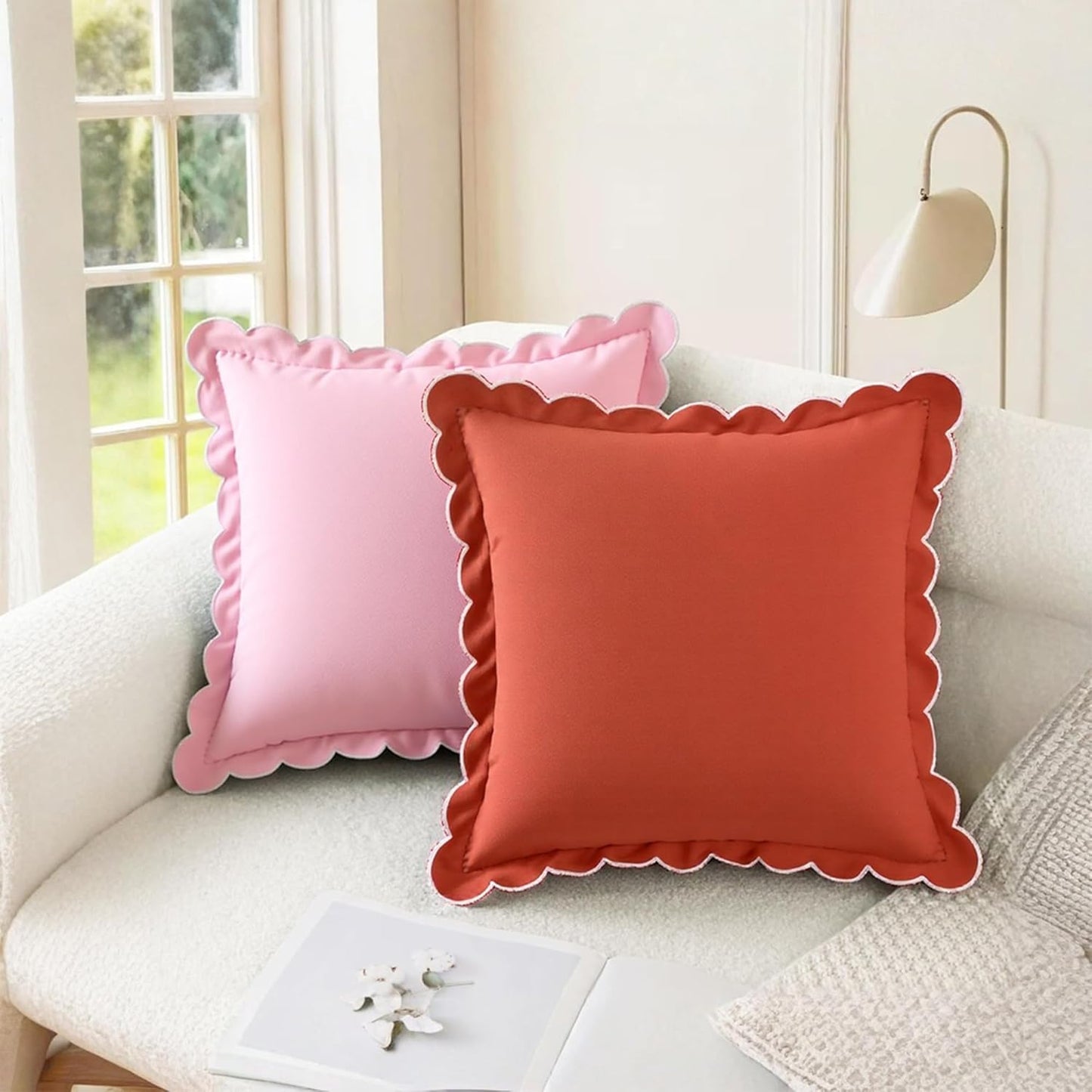 Soft Cotton Throw Pillow Covers Cushion Cases Set, Scalloped Wavy Edge Designs, Modern Home Decor 18 x 18 Inch Light Pink
