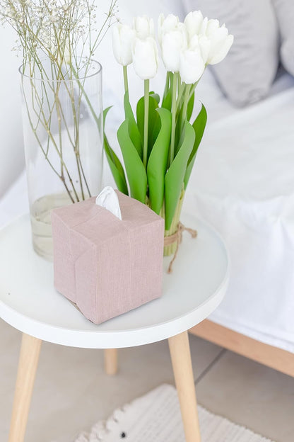 Linen Tissue Box Cover. Square Tissue Box Holder for Bathroom and Office. Coffee Table Decor. (Dusty Pink)