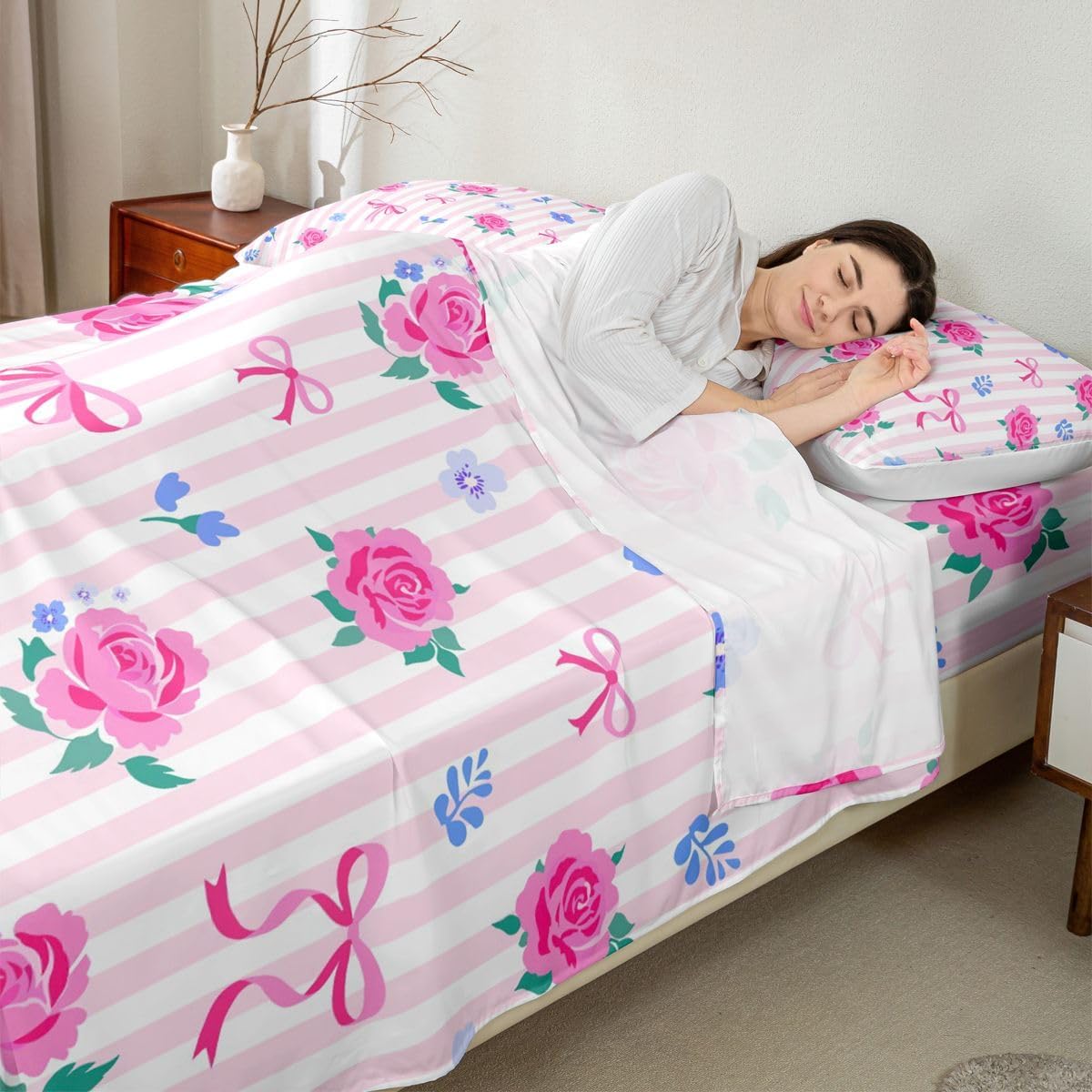 Feelyou Cute Bow Bed Sheets Set Queen Size Romantic Rose Flower Deep Pocket Fitted Sheet Bow Tie Striped Bedding Sets Soft Bed Set 4Pcs with 2 Pillow Cases