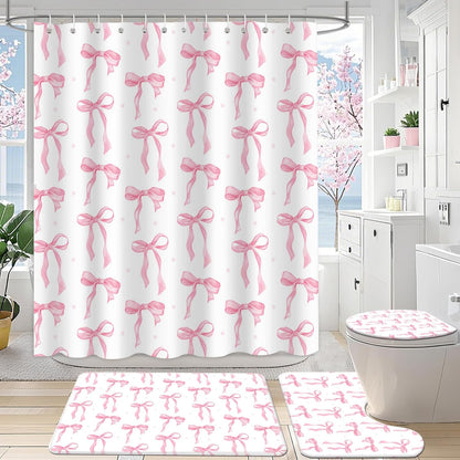 MEHOFOND Pink Bow Shower Curtain Sets 4 Pcs for Girls Coquette Bow Bath Curtain Set with Shower Curtain,Non-Slip Rug,Toilet Lid Cover, Bath Mat and 12 Hooks Pretty Modern Aesthetic Bathroom Decor