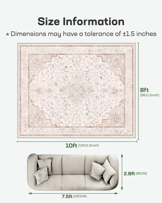 Marsail Washable Area Rug 8x10, Short-Pile Large Floor Carpet with Slip-Resistant Backing, Reinforced Bound Edges, and Elegant Vintage Pattern, Perfect for Living Rooms, Dining Areas, and Bedrooms