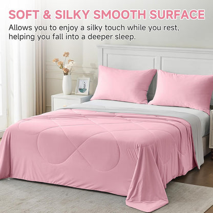HOMFINE Cooling Comforter Japanese Double-Sided Cold Tech Fabric Cooling Blanket for Night Sweats Hot Sleepers, Q-Max 0.45 Soft Breathable Silk Smooth Lightweight Pink Summer Comforter Twin