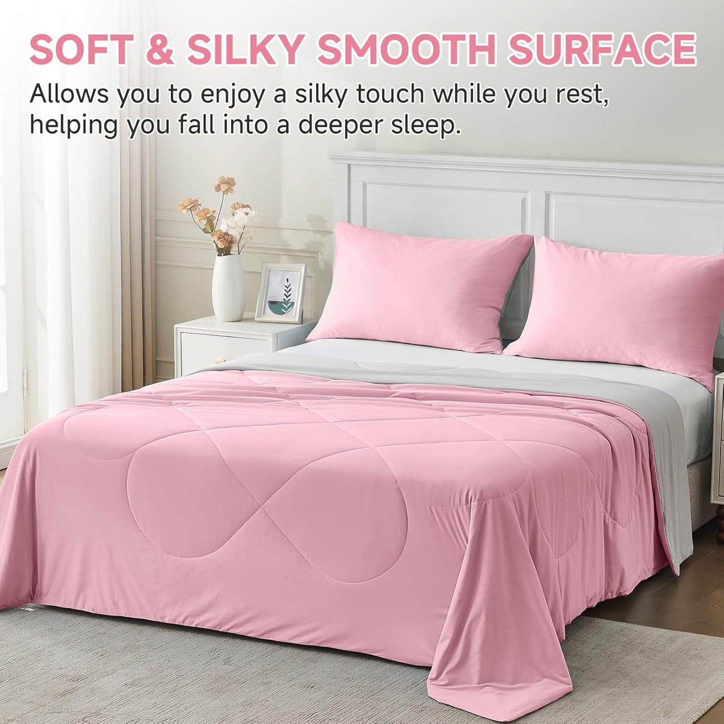 HOMFINE Cooling Comforter Queen Size, Pink Summer Cooling Blanket for Hot Sleepers and Night Sweats, Japanese Double-Sided Cold Tech Fabric Q-Max 0.45, Soft Breathable Silky Smooth Lightweight