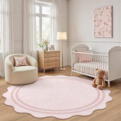 Washable 5ft Area Rugs for Living Room, Solid Pink Non Slip Rugs for Bedroom Girls, Stain Resistant Scalloped Soft Carpet for Nursery Dorm Dining Room