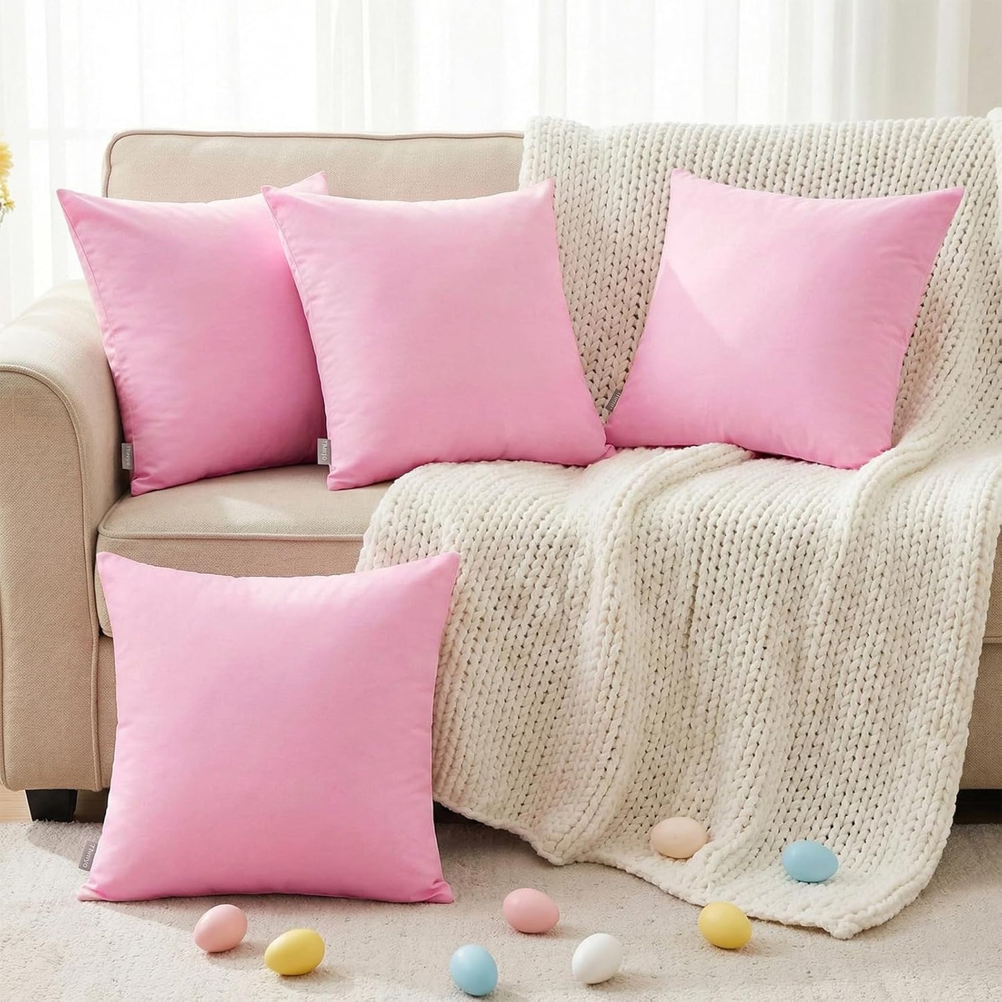 Thmyo 4-Pack 100% Cotton Comfortable Solid Decorative Throw Pillow Case Square Cushion Cover Pillowcases Sublimation Blank DIY Pillow Covers for Sofa(Only Covers, No Pillows)(18x18 inch/45x45cm,Pink)