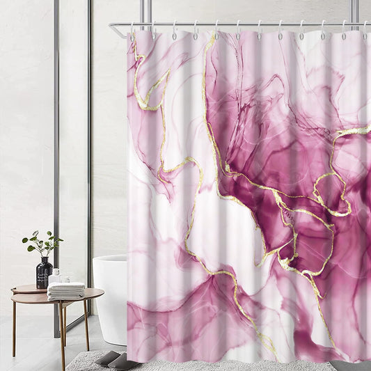 Pink Shower Curtain, Ombre Pink Marble Shower Curtain Set Modern Aesthetic Ink Texture Waterproof Bathroom Curtain with Hooks, 72x72 Inch