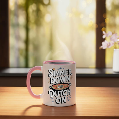 Dutch Oven: Simmer Down And Dutch On Ceramic Mug, Pink/White