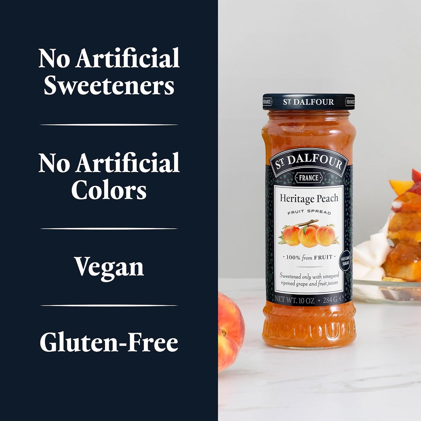 St. Dalfour Heritage Peach Fruit Spread - 10oz - 100% from Fruit, No Artificial Ingredients, Non-GMO, No Cane Sugars, All Natural, Made in France