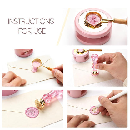 Wax Seal Stamp, Wax Seal Kit with Solid Brass Rose Pattern Seal Stamp Head 0.98 Inch Round & Pink Bubble Handle, Sealing Wax Stamp for Wedding Invitations Envelopes Gift Wrapping DIY Crafts