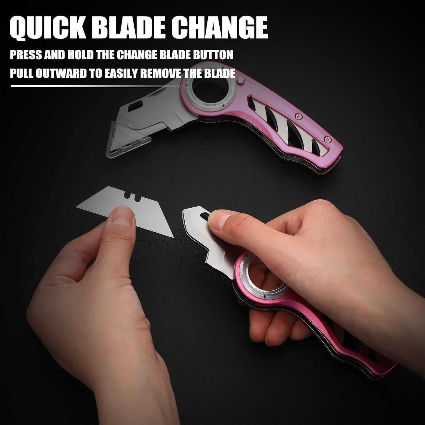 Tondiamo 2 Pcs Folding Pocket Utility Knife Heavy Duty Box Cutter Folding Razor Knife with Anti Slip Finger Loop Easy Change Blades 3 Lock Positions Design (Pink)