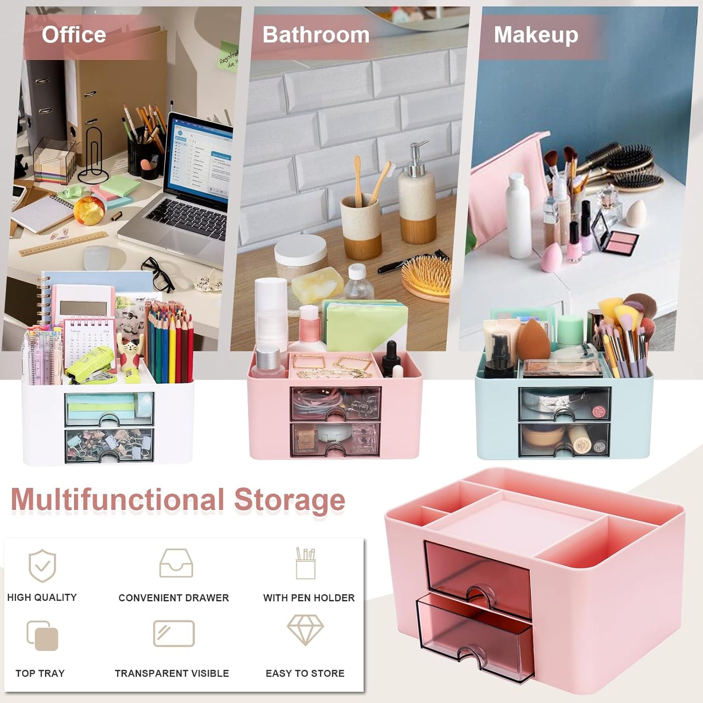 Meiikun Plastic Pen Organizer, Multifunctional Desk Organizer with 2 Drawers, 4 Compartments & a Top Tray, Pencil Holder Desktop Organizers and Accessories for Office, 7.7" x 5.5" x 3.9" (Pink)