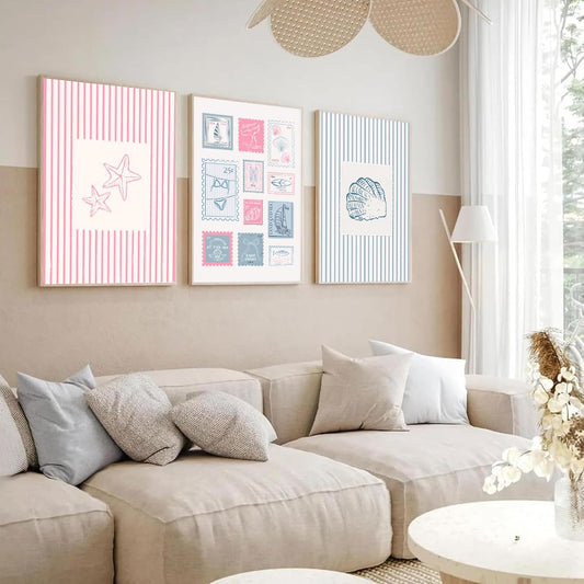 3Pcs Trendy Coastal Pink Canvas Wall Art Blue Seashell Bikini Painting Picture Wall Decor Pastel Coquette Preppy Ocean Poster Print Artwork for Bedroom Dorm Apartment Home Decoration Unframed