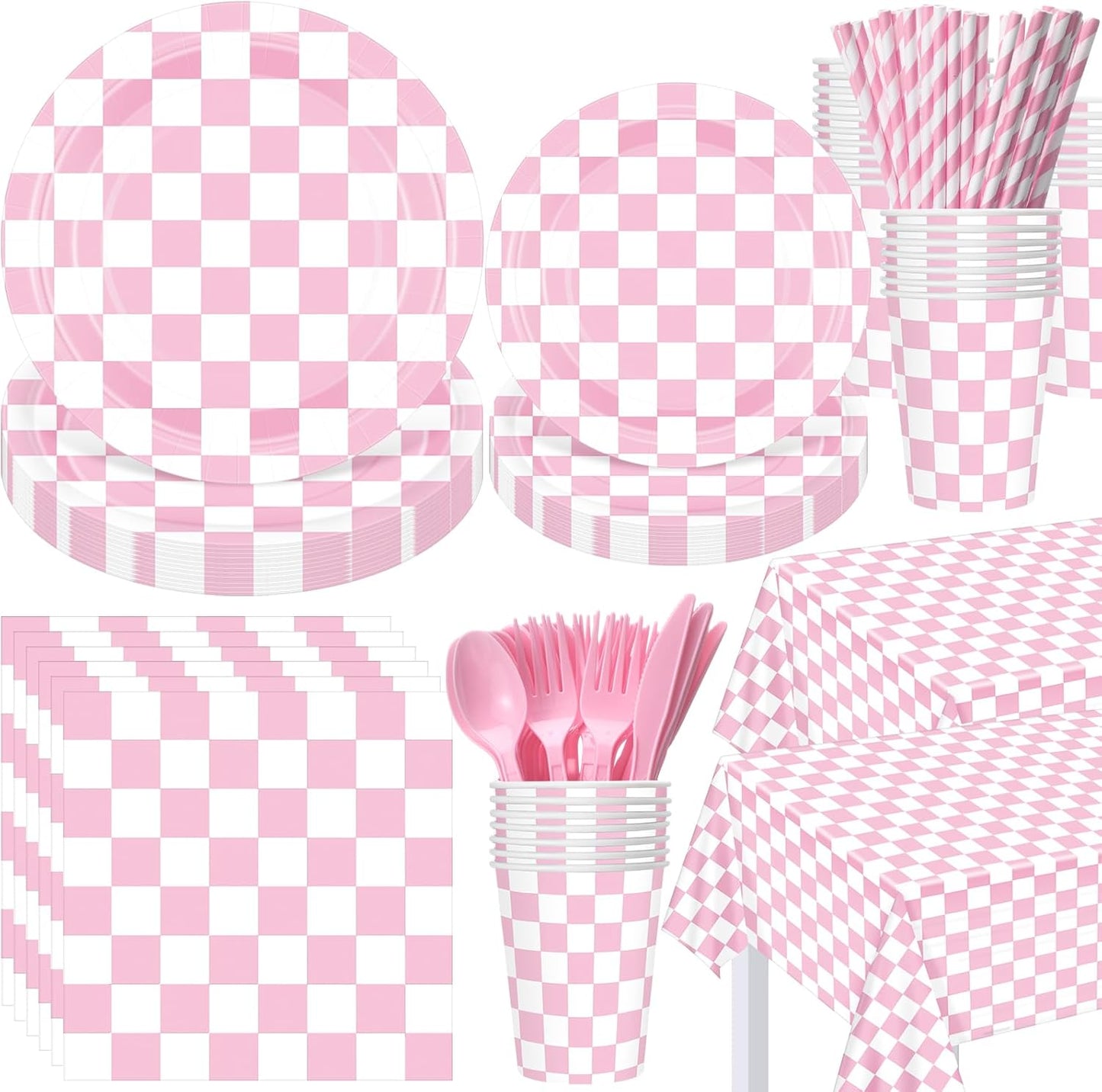 Funnymoom 452 Pcs Light Pink and White Gingham Party Supplies for 50, Pink Checkered Gingham Paper Plates Napkins Cups Tablecloth Cutlery Straws for Picnic Camping Birthday Baby Shower Decoration