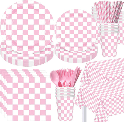 Funnymoom 452 Pcs Light Pink and White Gingham Party Supplies for 50, Pink Checkered Gingham Paper Plates Napkins Cups Tablecloth Cutlery Straws for Picnic Camping Birthday Baby Shower Decoration