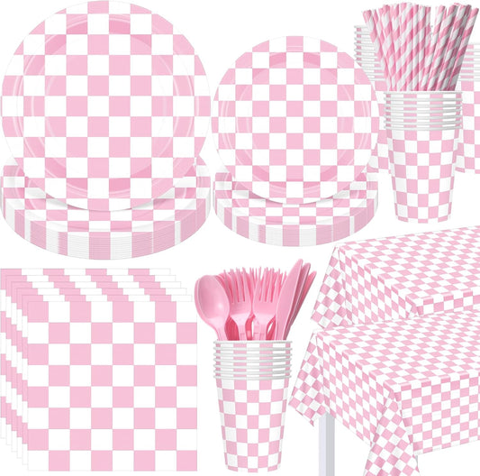 Funnymoom 452 Pcs Light Pink and White Gingham Party Supplies for 50, Pink Checkered Gingham Paper Plates Napkins Cups Tablecloth Cutlery Straws for Picnic Camping Birthday Baby Shower Decoration