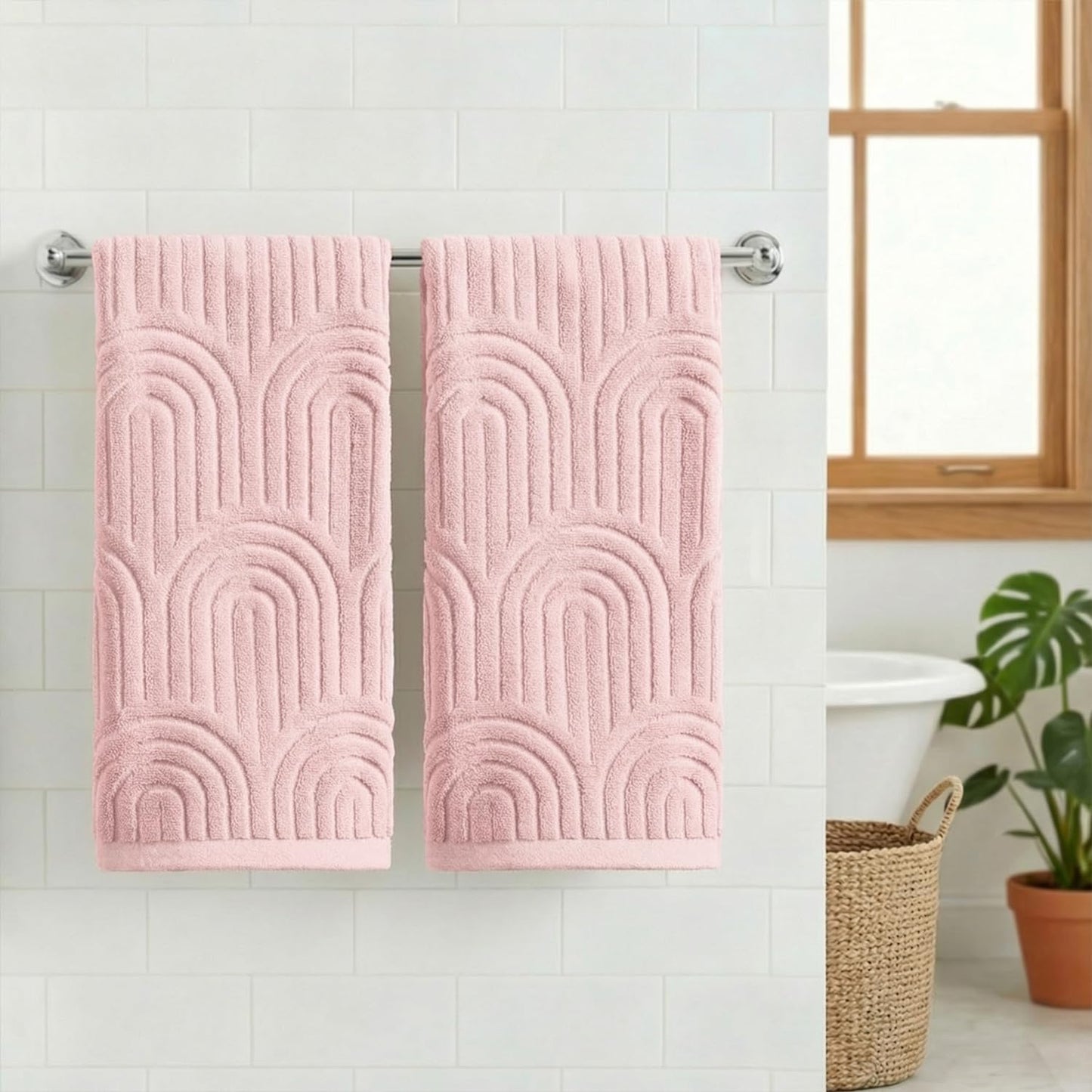 Artoid Mode 2 Pcs Pink 3D Arched Stripes Jacquard Hand Towels for Bathroom, 100% Cotton Soft Absorbent Bathroom Decor Towels, 13.7 x 29.5 Inch