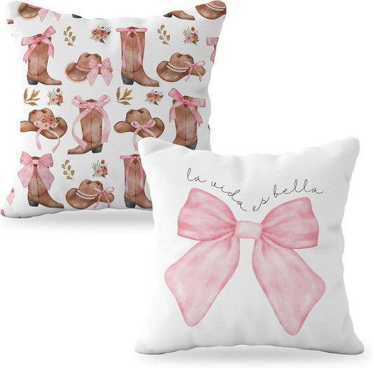 Coquette Pink Bow Cowgirl Boots Pillow Covers 18x18, Preppy Cowgirl Room Decor, Pink Girly Bedroom Decor, Coquette Stuff, Set of 2