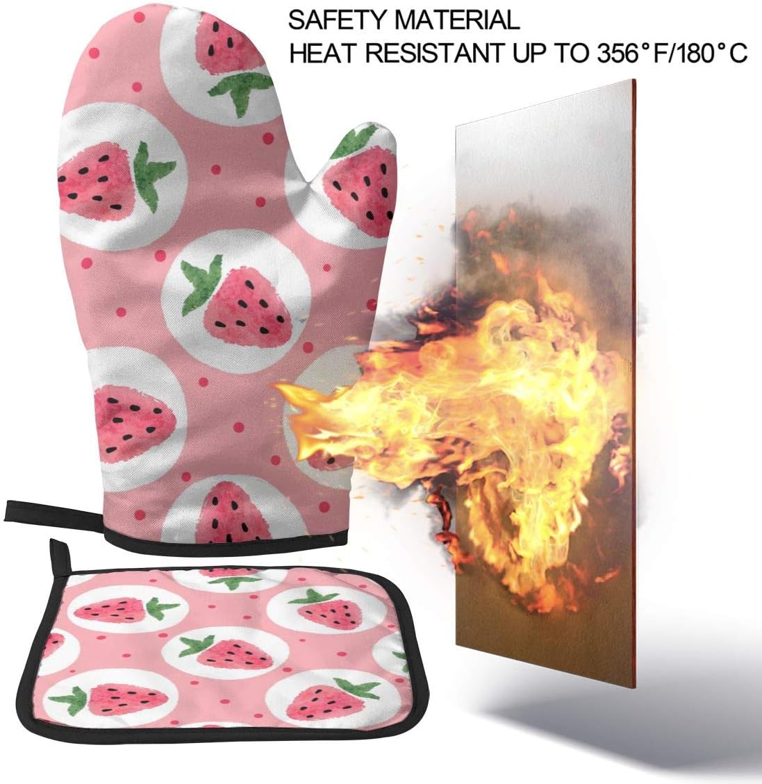 Pink Strawberry Oven Mitts and Pot Holders Sets Heat Resistant Cute Oven Gloves with Non-Slip Surface for Safe BBQ Cooking Baking Grilling Set of 2