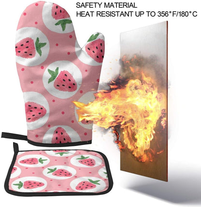Pink Strawberry Oven Mitts and Pot Holders Sets Heat Resistant Cute Oven Gloves with Non-Slip Surface for Safe BBQ Cooking Baking Grilling Set of 2
