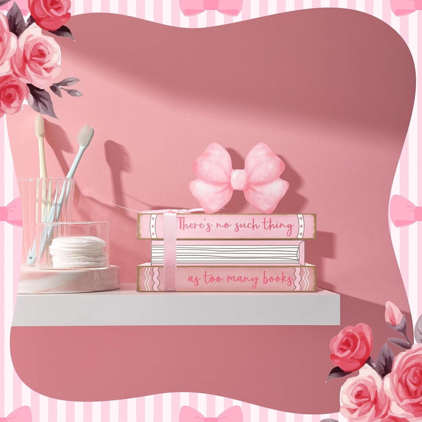 Blulu Pink Bow Coquette Mini Bathroom Room Sign Decor Wooden Bedroom Shelf Decor Mini Preppy Farmhouse Tiered Tray Ornament Reversible Book Rome Shelf Signs for Toilet Home Wall