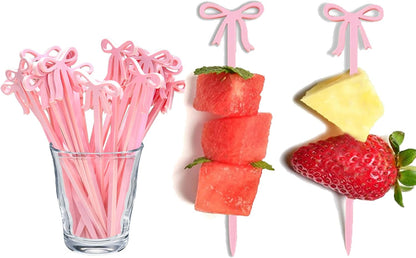 30 pcs Pink Bow Cocktail Picks, Cute Fruit Skewers for Party, Acrylic Bowknot Toothpicks for Appetizers Cake Drink Dessert Birthday Coquette Party Decorations