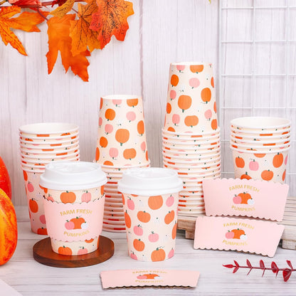 FYSUIMU 50 Pcs 8 Oz Fall Thanksgiving Disposable Coffee Cups with Lids and Sleeves Cute Pink Orange Pumpkin Paper Drinking Cups for Autumn Home Picnic Travel Office Business