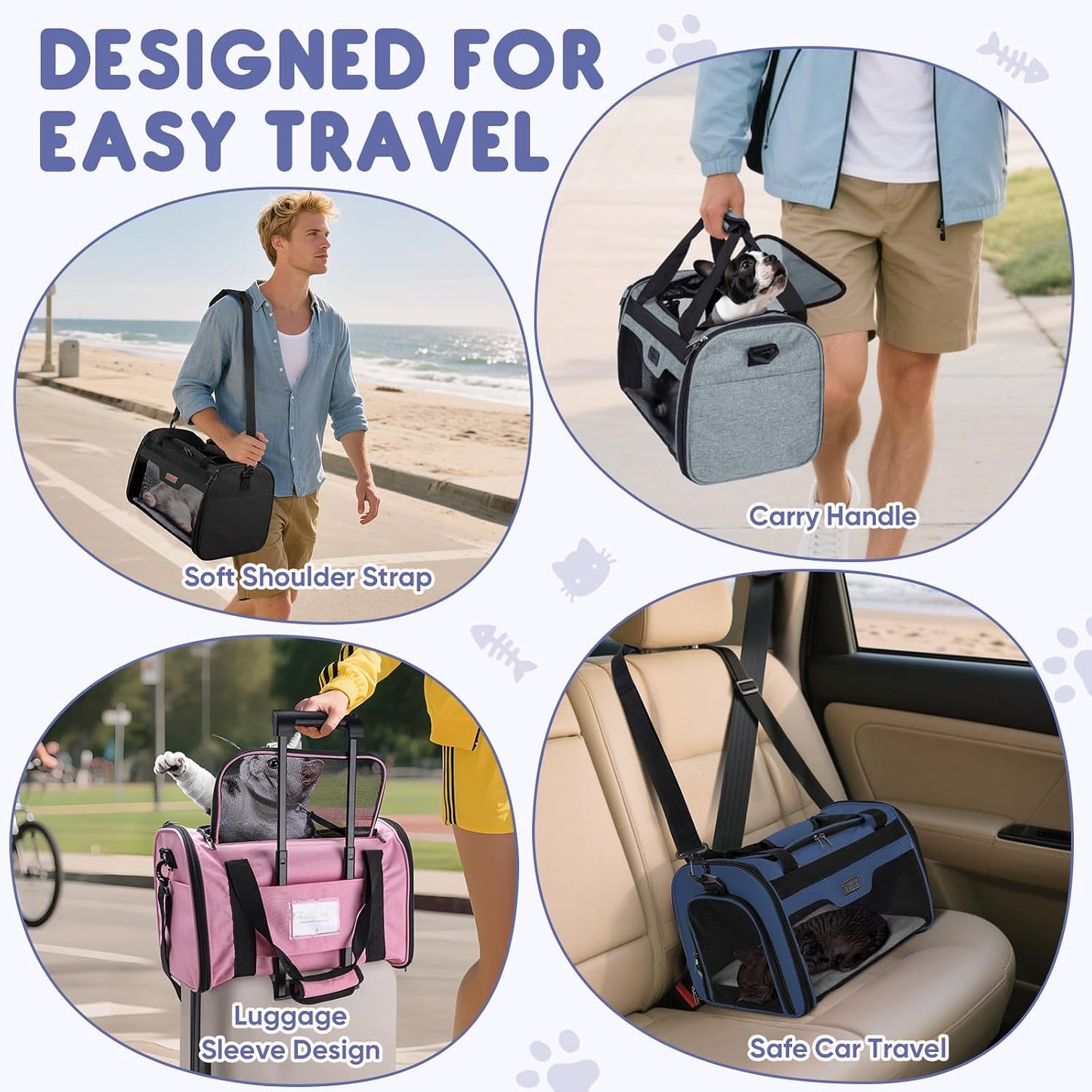 BALEINE Cat Carrier, Puppy Dog Carrier for Small Medium Pets Up to 22 Lbs, Soft-Sided Dog Travel Bag with Safety Zippers, Collapsible Pet Carrying Case (Pink, XL, 19"x12"x12")