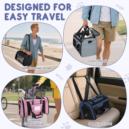 BALEINE Cat Carrier, Puppy Dog Carrier for Small Medium Pets Up to 22 Lbs, Soft-Sided Dog Travel Bag with Safety Zippers, Collapsible Pet Carrying Case (Pink, XL, 19"x12"x12")